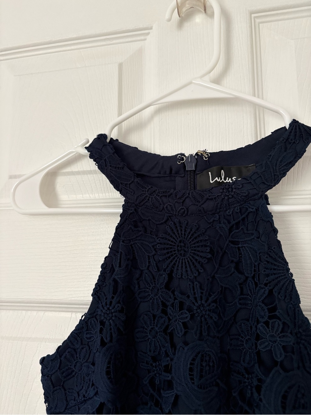 Lulu's Navy / Dark Blue Floral Lace Halter Mini Dress - Picture 3 of 4